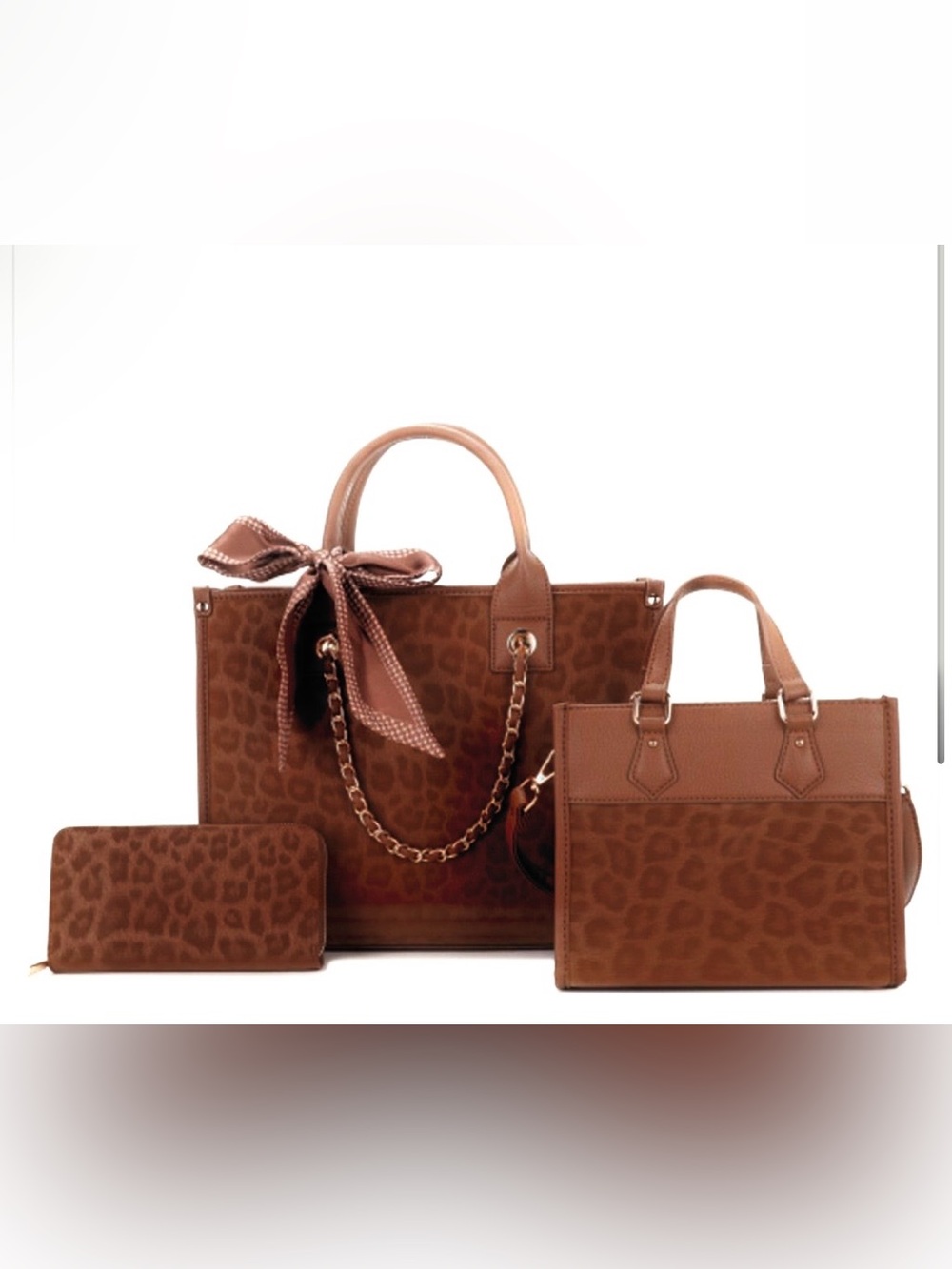 Brown 4n1 Leopard-Print Tote Handbag Set - with wallet ,scarf and mini bag